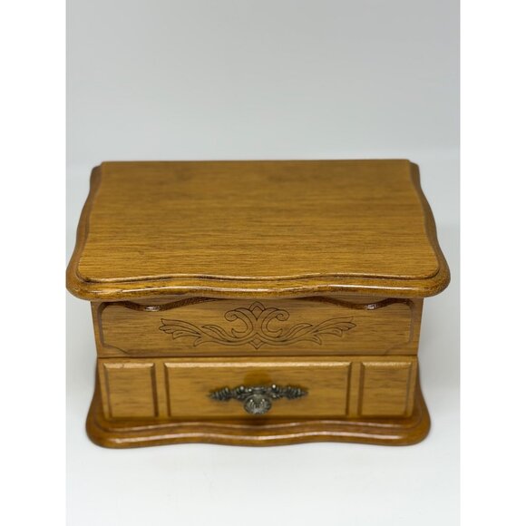 VTG Montgomery Ward Wood Jewelry Box 7.5x5 Rustic Floral Drawers Keepsake Chest - Picture 2 of 9